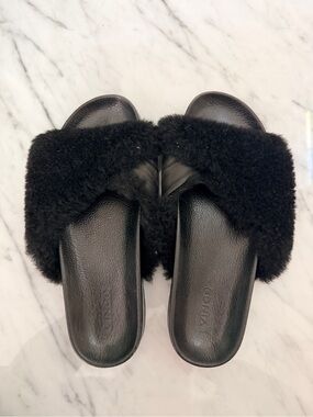 Vince Garrison Black Real Sheep Fur Slide Sandals